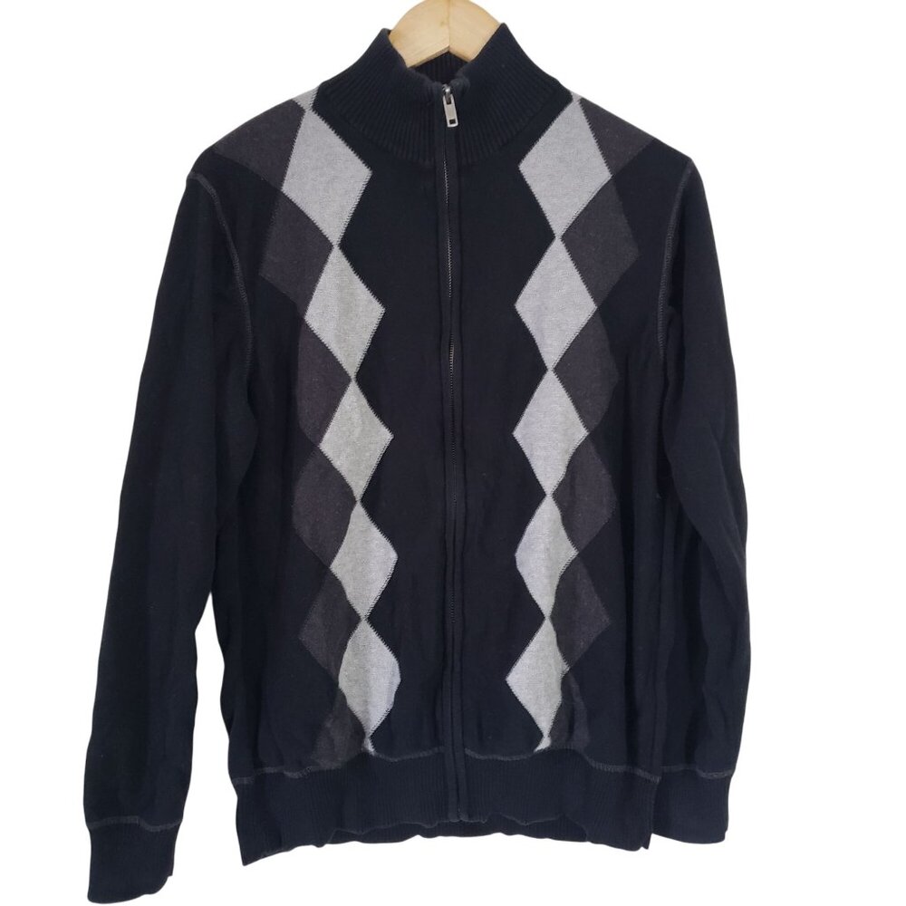 Dockers Mens Black Argyle Full Zip Sweater Size L Slim Cotton Preppy Casual